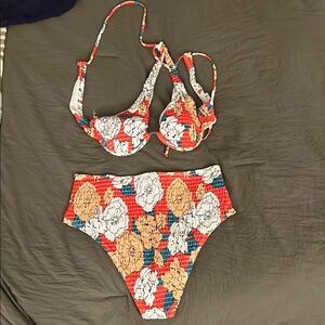 SHEIN Floral Bikini Set - Red, White, Yellow
